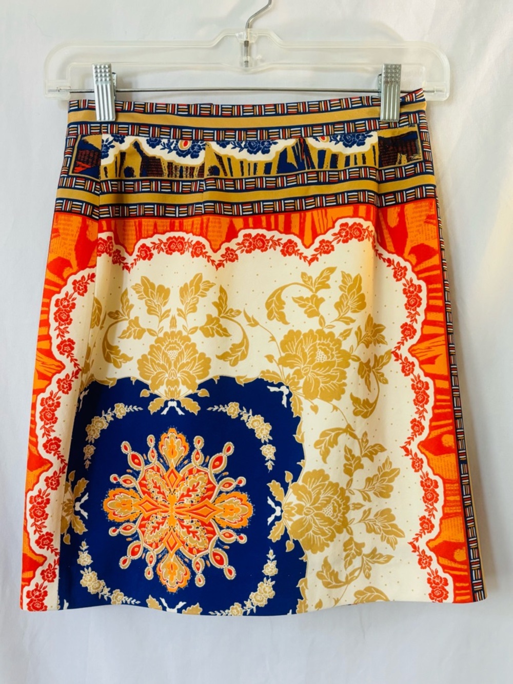 ANTONIO MELANI Navy, Orange & Cream A-Line Patchwork Skirt